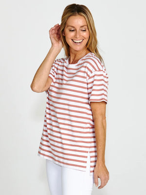 Betty Basics Mia Split Hem Tee-Dusty Pink Stripe | NZ womens clothing | Trio Boutique Geraldine