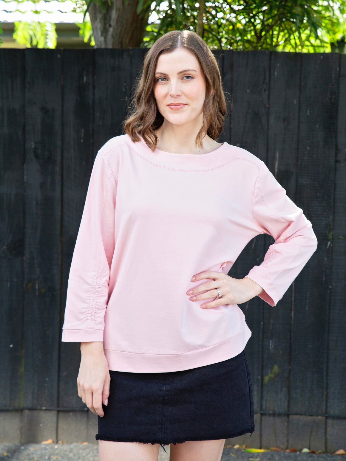 White On Black Rouche Sweat-Pink