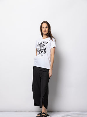 DRESSED Square Tee-White with Black Print