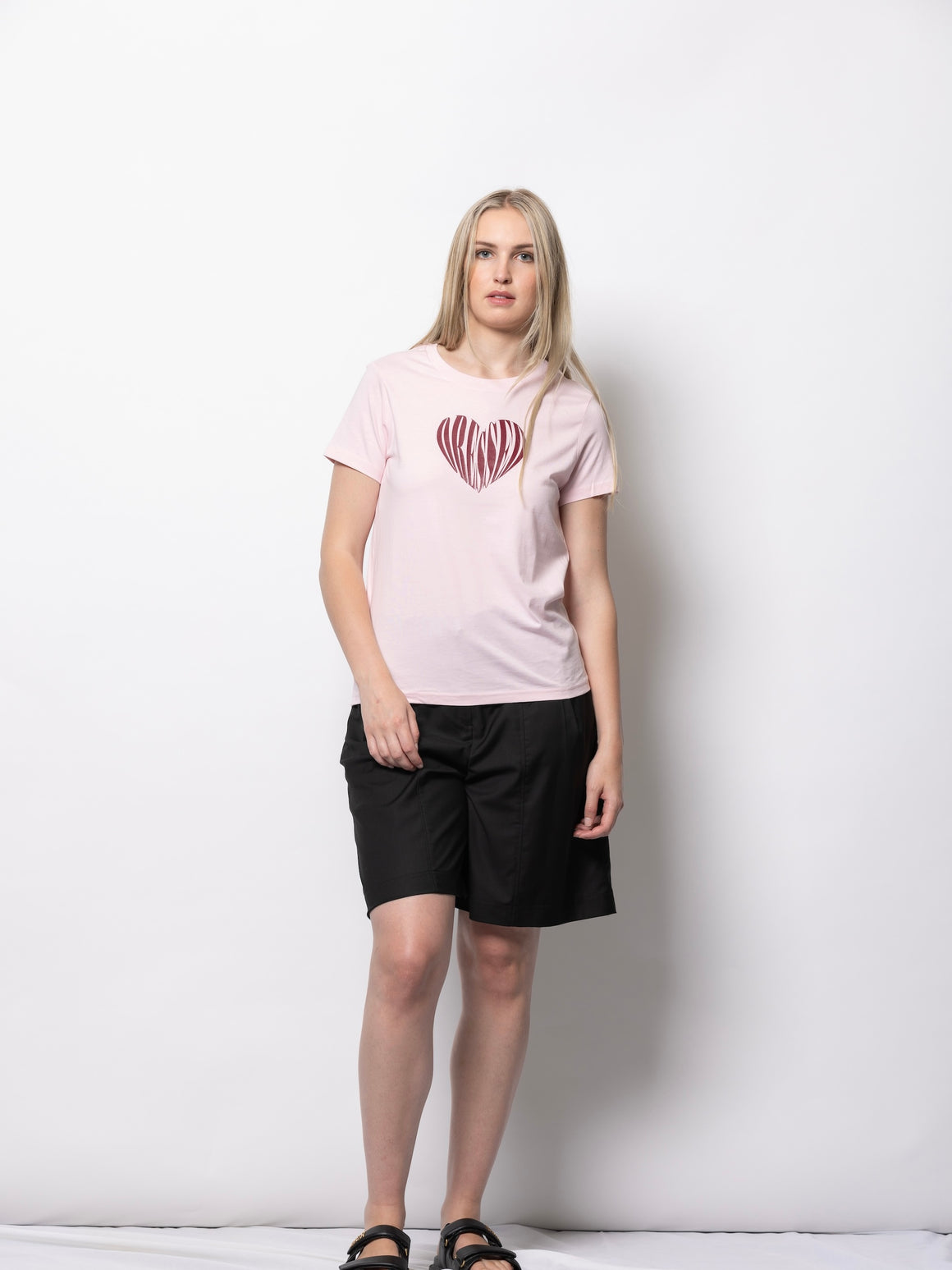 DRESSED Heart Tee-Blush with Burgundy Print