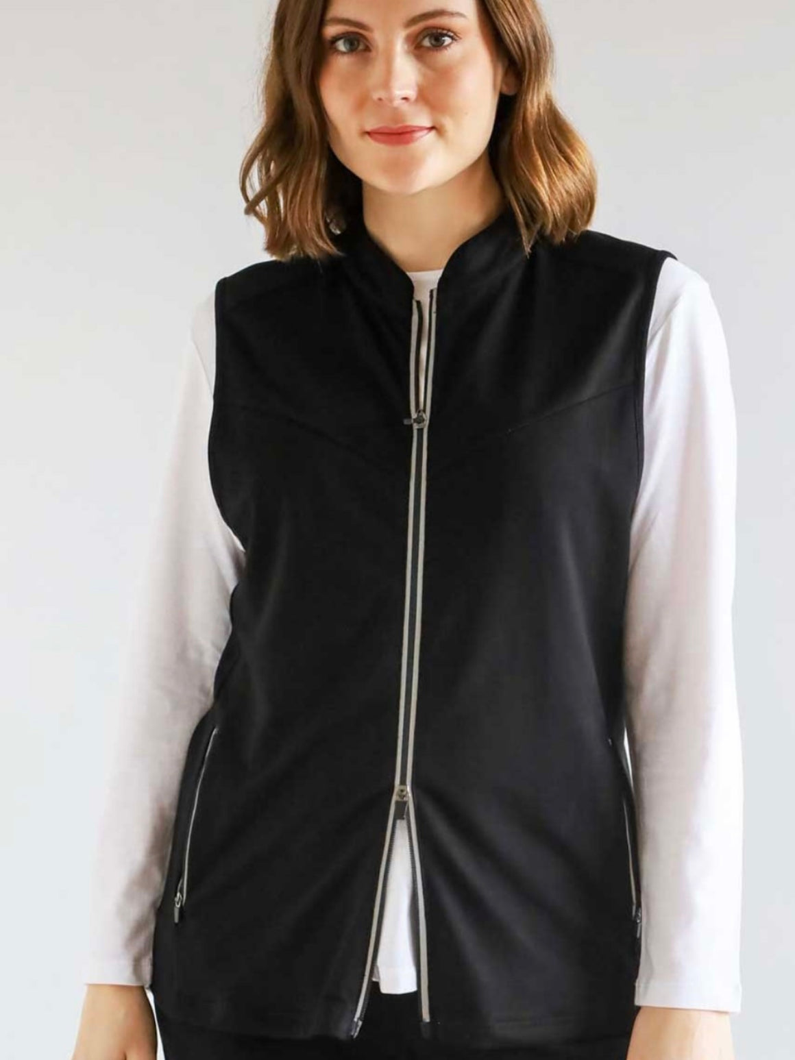 White on Black Zip Vest | NZ womens clothing | Trio Boutique Geraldine