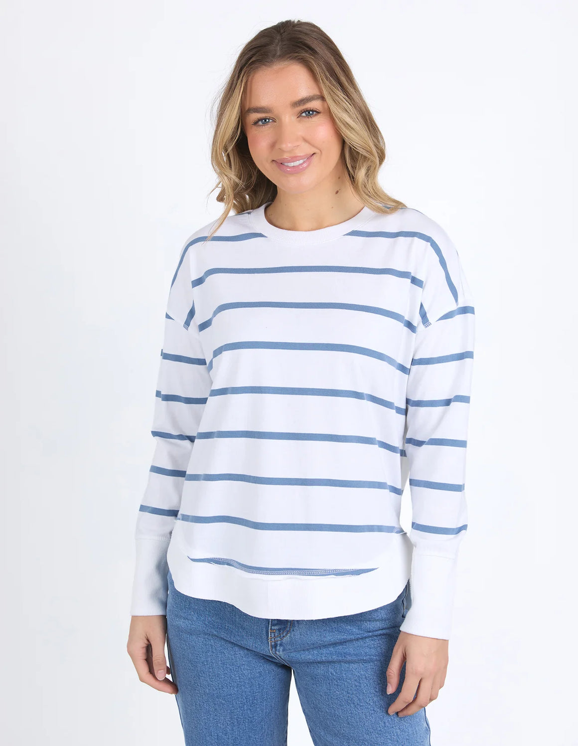 Foxwood Farrah Long Sleeve Sweat-White/Cornet Blue Stripe