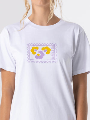 DRESSED Retro Daisy Tee-White with Lilac/Mustard Print | NZ womens clothing | Trio Boutique Geraldine